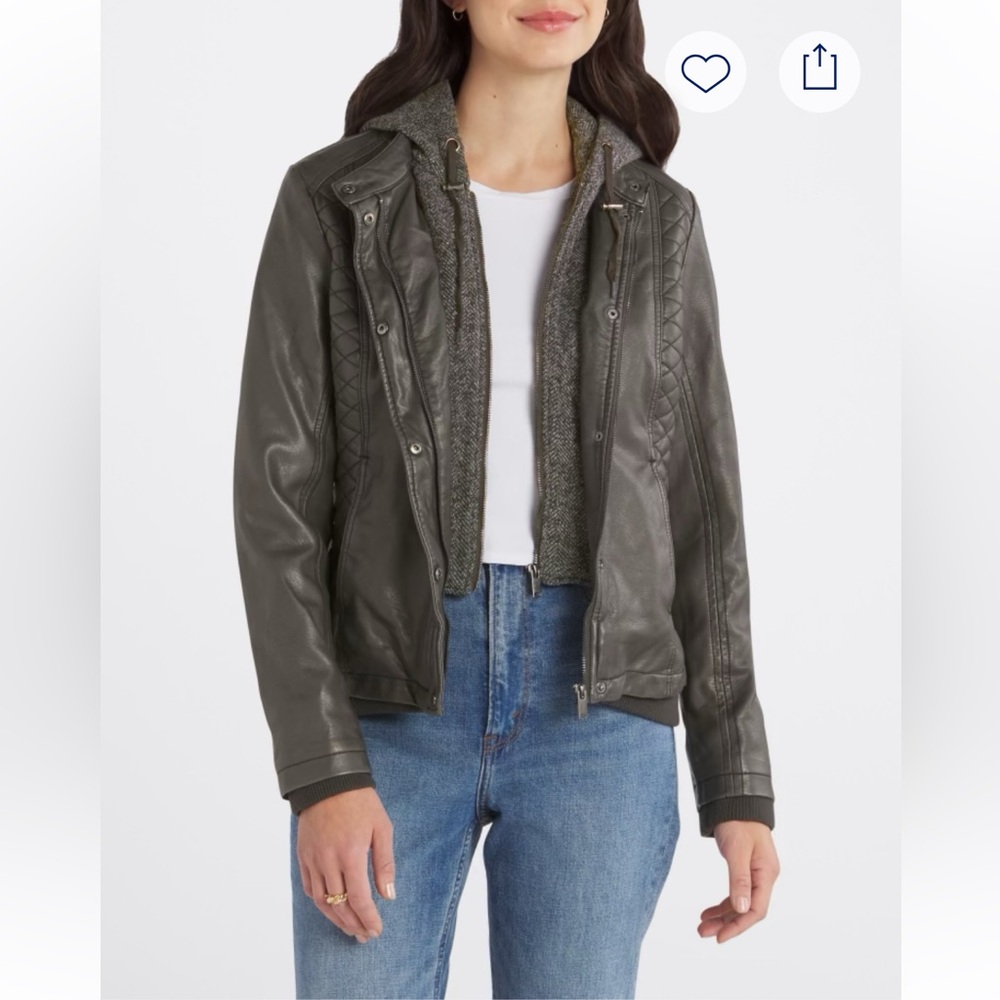 Mo-Ka Meriam Knit Hood Faux Leather Jacket Coat